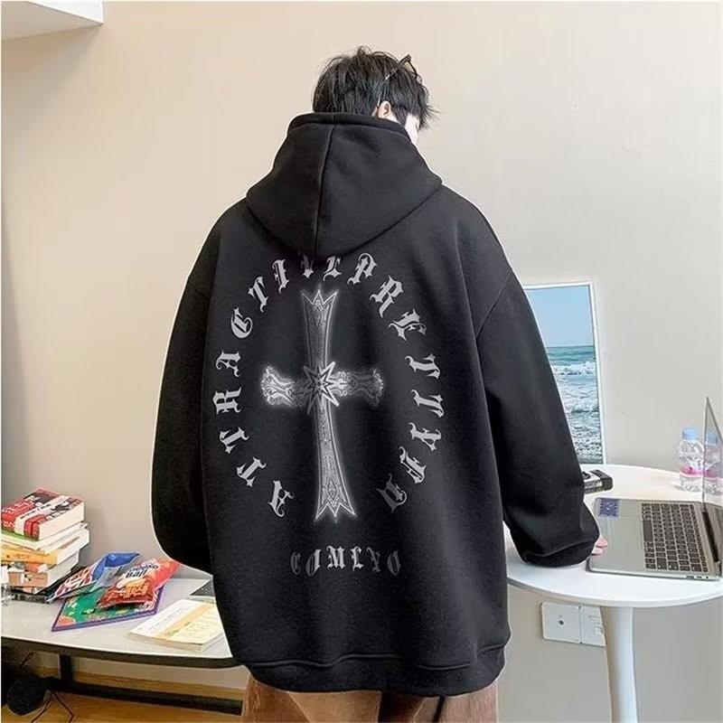 

M-8XL Hoodie Men s Large Hoodie Loose Fashion American Retro Cross Printed Long Sleeve Double Shirt S