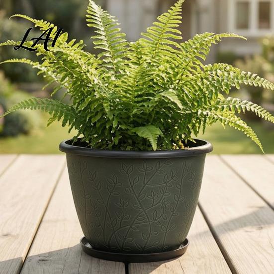 Planter Pots for Home Decor 12 Inch Thickened Flower Outdoor Indoor Plastic Leaf-Pattern Texture Deep Containers Flowers with Drainage Hole & Saucer,