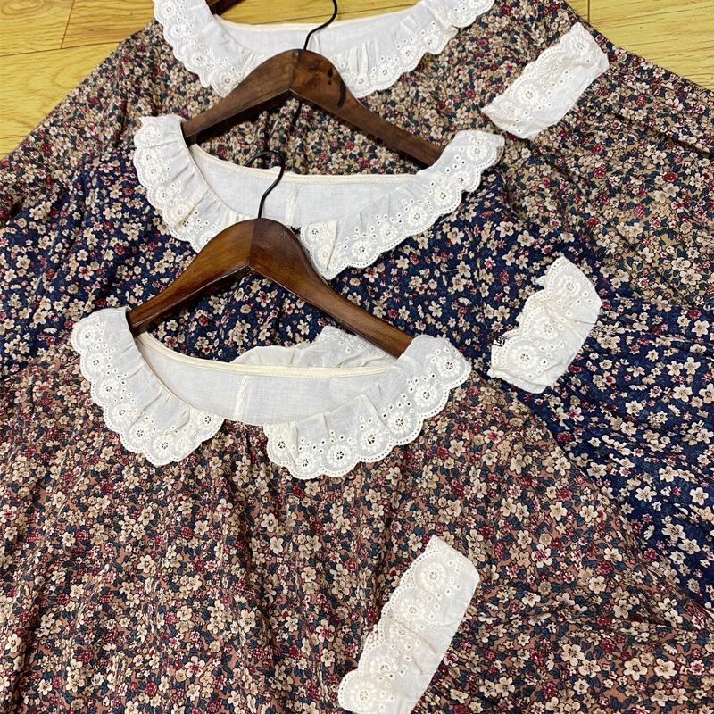 Spring Retro Japanese Style Embroidery Cotton and Linen Flower Loose Long-sleeved Dress Midi Dress