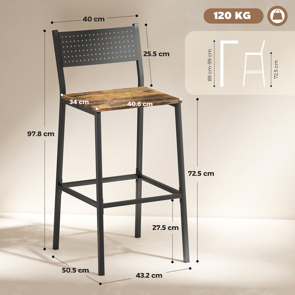 Set of 2 Bar Stools with Backrest and Integrated Footrest In Industrial Style, Rustic Brown