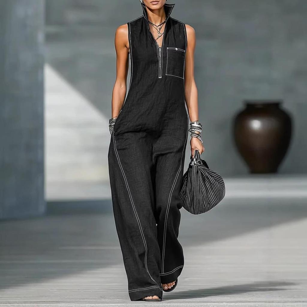 Europäischer & Amerikanischer Damen-Ärmelloser Jumpsuit mit Stehkragen aus Baumwolle und Leinen