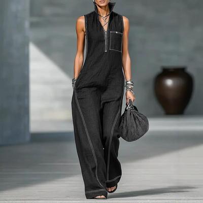 European & American Women's Stand Collar Sleeveless Cotton Linen Jumpsuit