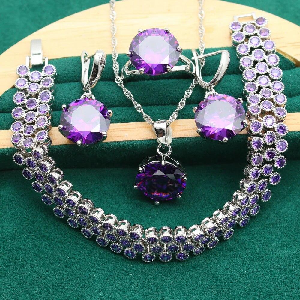 

Комплект ювелирных изделий из стерлингового серебра 925 пробы с геометрическим фиолетовым цирконом для женщин, браслет, серьги, ожерелье, кулон, кольцо, подарок на праздник