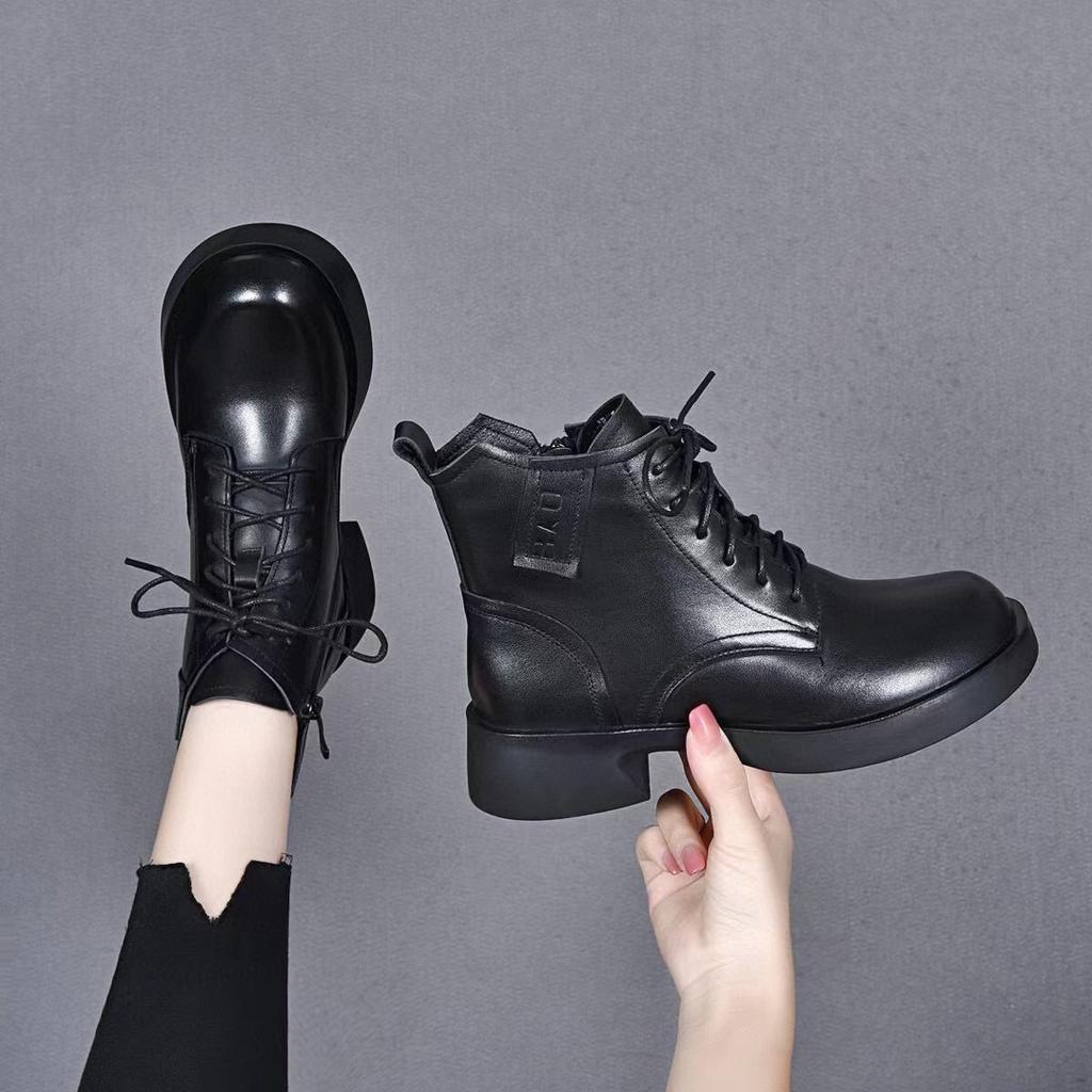 Leather boots women's new first-layer cowhide Martin boots round head lace-up flat boots short boots comfortable locomotive boots