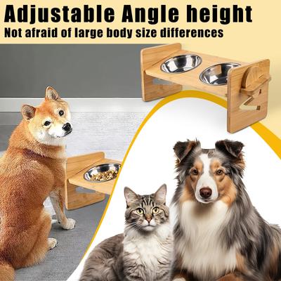 Bamboos Wood Adjustable Height Cat And Dog Feeding Rack Cat Bowl Rack Feeder Pet Bowl Stainless Steel Dining Rack Anti-tip