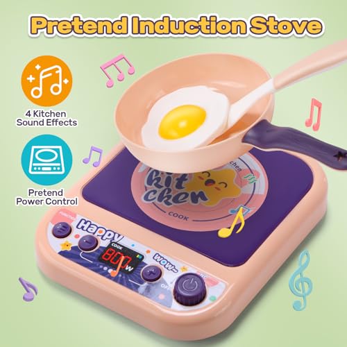 Cute Stone 61-Piece Play Kitchen Set, Includes Cookware, Pressure Cooker, Induction Cooktop, Pot, and Cookware, Realistic Ingredients, Cutting Play, P