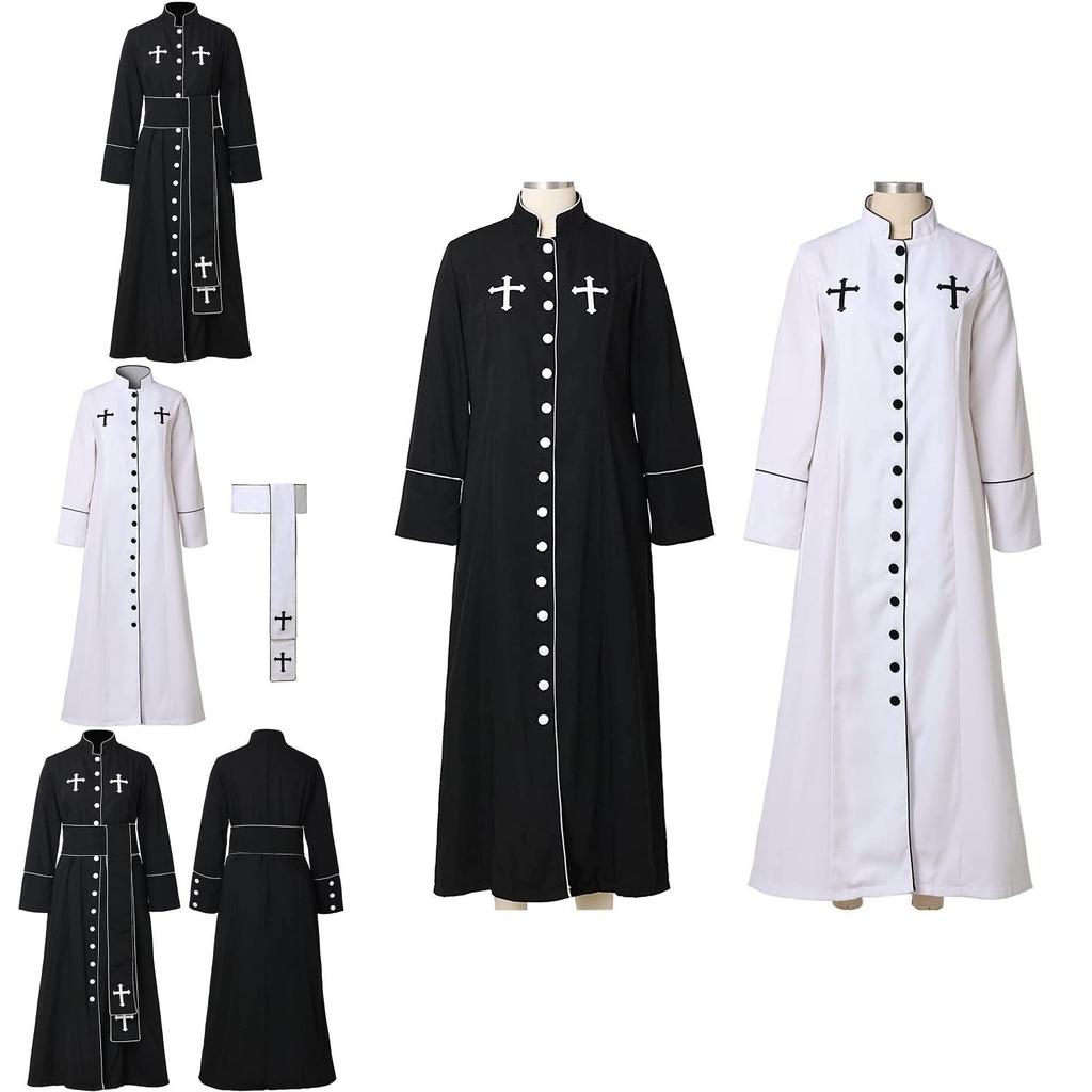 Women's Priest Robe With Stand Collar Roman Cassock Belt Street Style White/black Xs-5xl