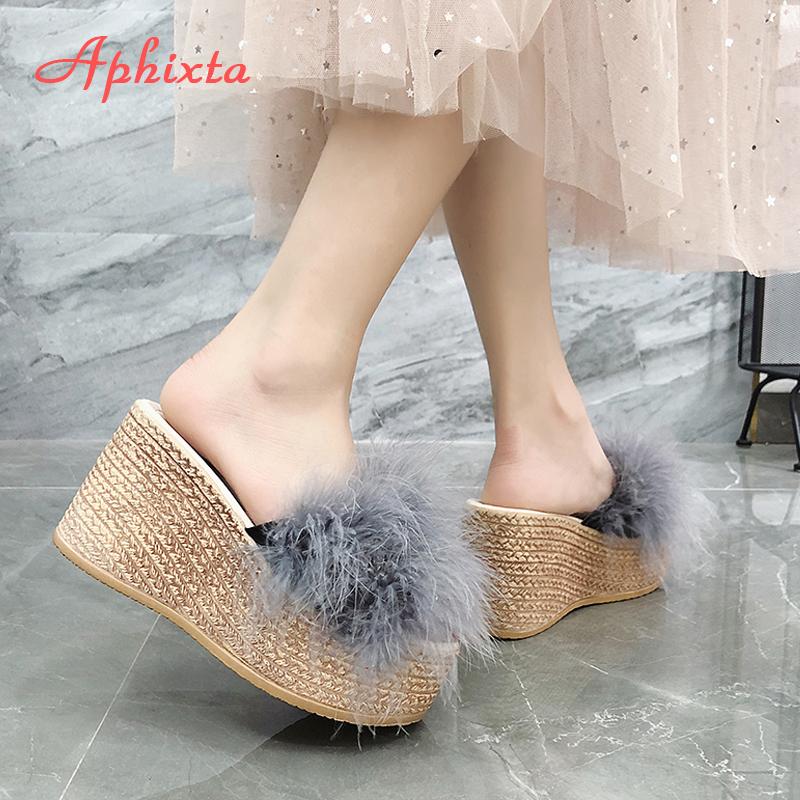 Fashion Aphixta Furry Green Wedge Platform Slides Women's Shoes 9cm Slippers Flip Flops Heels Shoes Beach Sandals Plus Size 43