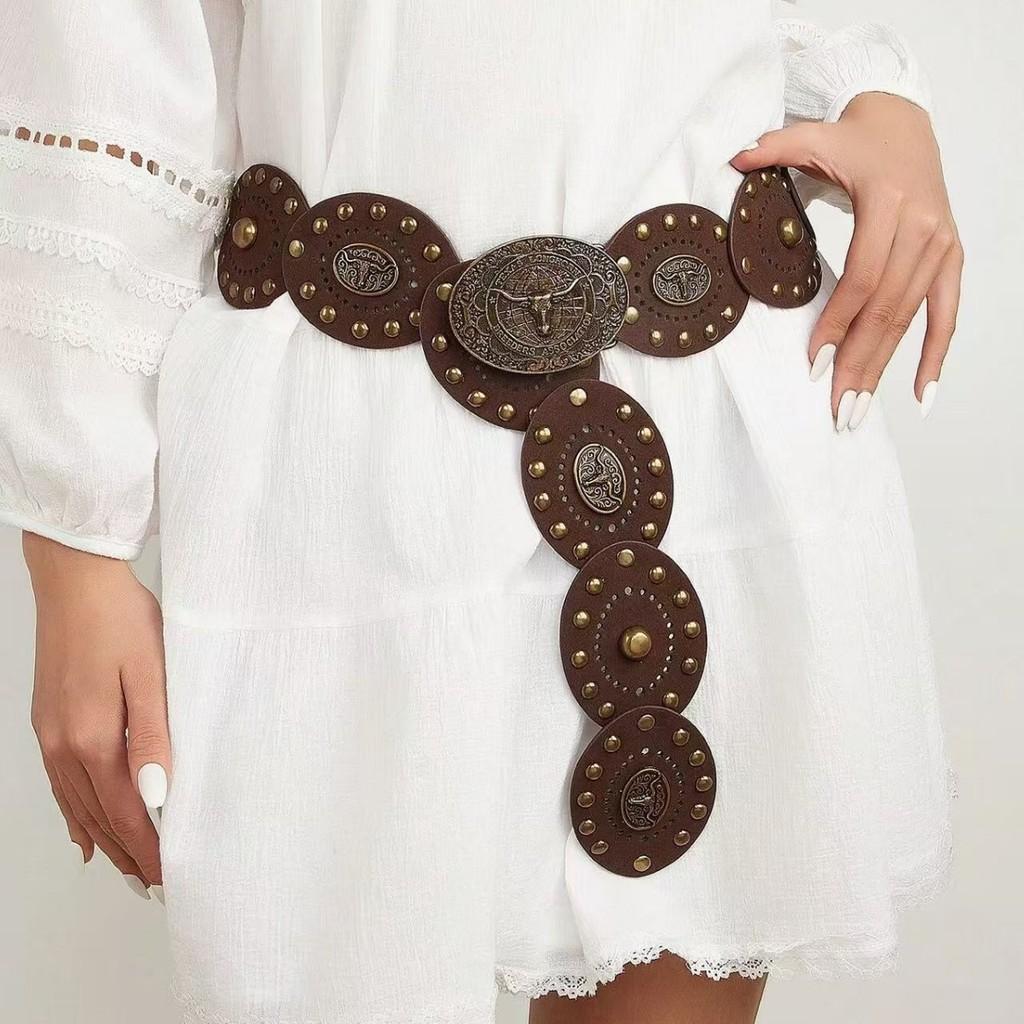Ethnic Style Bull Head Belt With Metal Clasp For Western Fashion Accessories