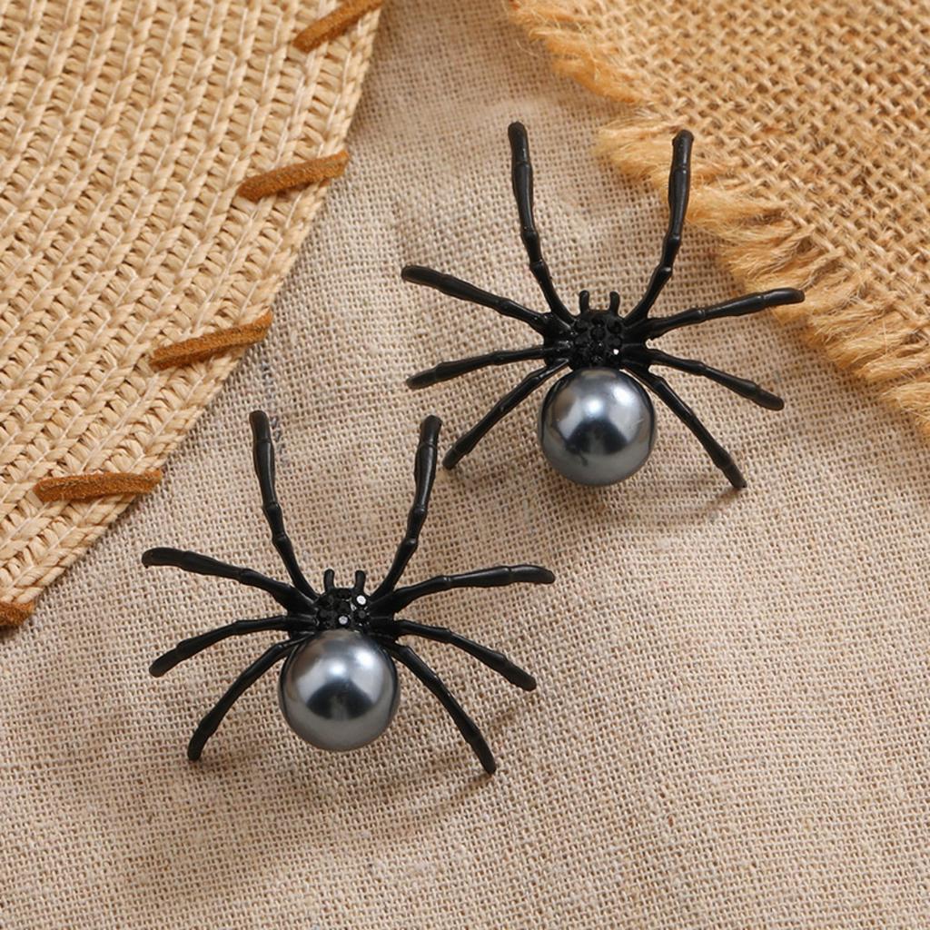 Exaggerated Punk Vintage Imitation Pearl Black Spider Stud Earrings Gothic Insect Spider Earring For Women Men Halloween Jewelry