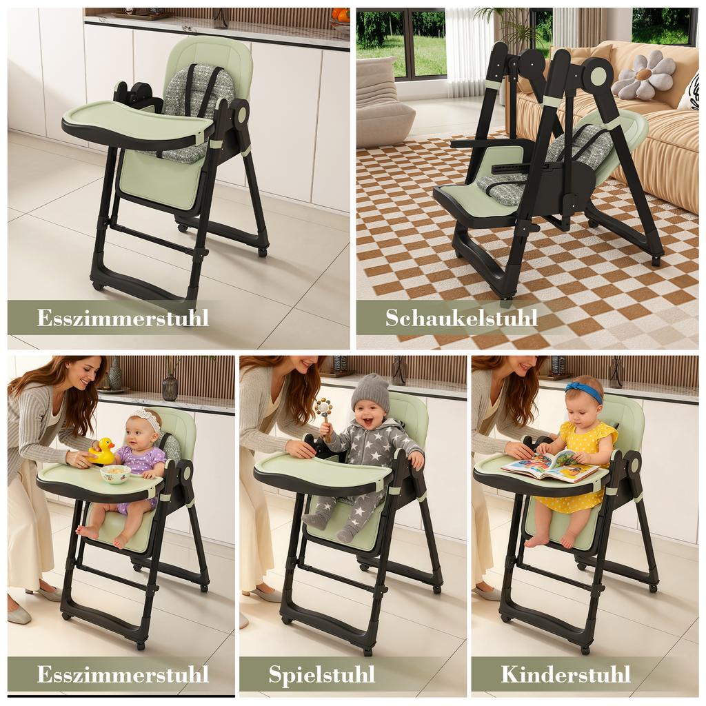 Chaise Haute Bébé 2-en-1 avec Fonction à Bascule, Harnais de Sécurité 5 Points, Roues Blocables, Plateau Amovible, Pliable et Réglable en Hauteur, Vert Foncé
