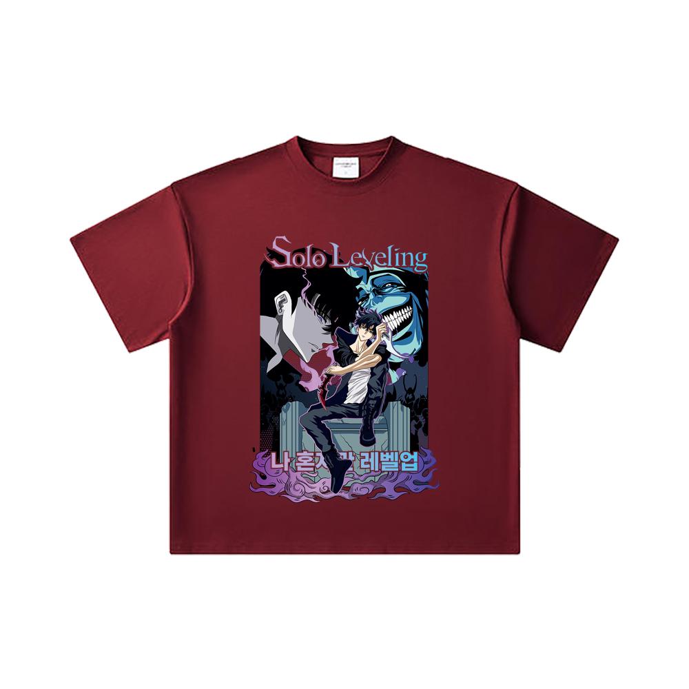 

260 GSM Double Yarn 32 Count 100% Cotton Solo Leveling V6 Print Unisex Heavy Cotton T Shirt 2XL вина червоного кольору