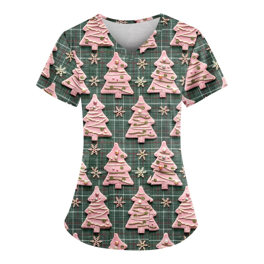 Women's Christmas Printed Uniform Work Uniform V-Neck Pocket Protective Work Uniform