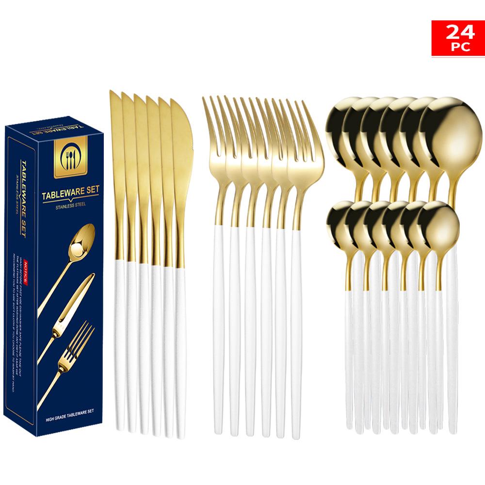 Set tacâmuri din oțel inoxidabil Portugal Gold, 24 de piese: Cuțit de Steak, Furculiță, Lingură de Hotel în Cutie Cadou