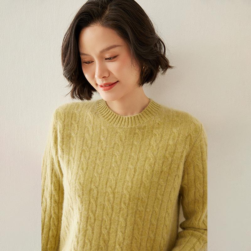 

Женский облегающий кашемировый свитер крупной вязки «косичка» - Теплый, универсальный джемпер с круглым вырезом для осени/зимы XL (130-150 lbs)