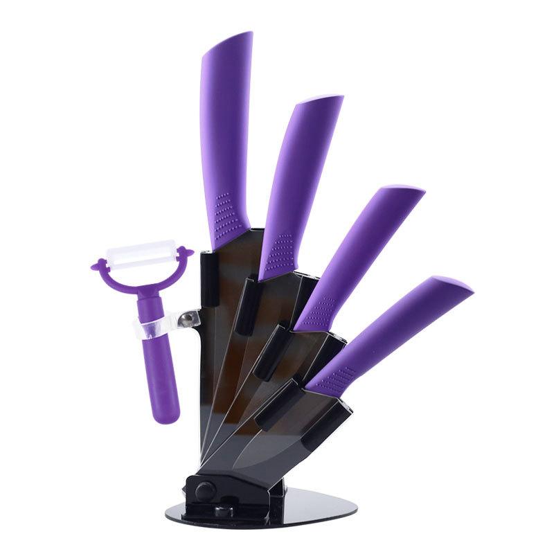 

Кухонные ножи Керамические ножи Набор аксессуаров 3 дюйма для очистки овощей 4 дюйма универсальные 5 дюймов для нарезки 6 дюймов нож шеф-повара + держатель + овощечистка с черным лезвием фиолетовый