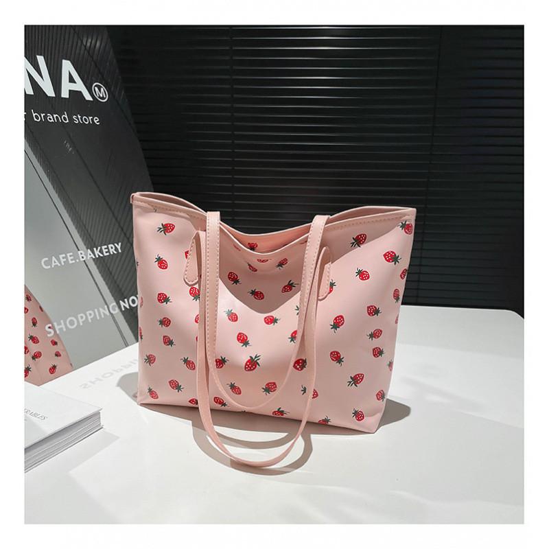 Large Capacity Pu Bag For Women With Bow Cherry Print Design
