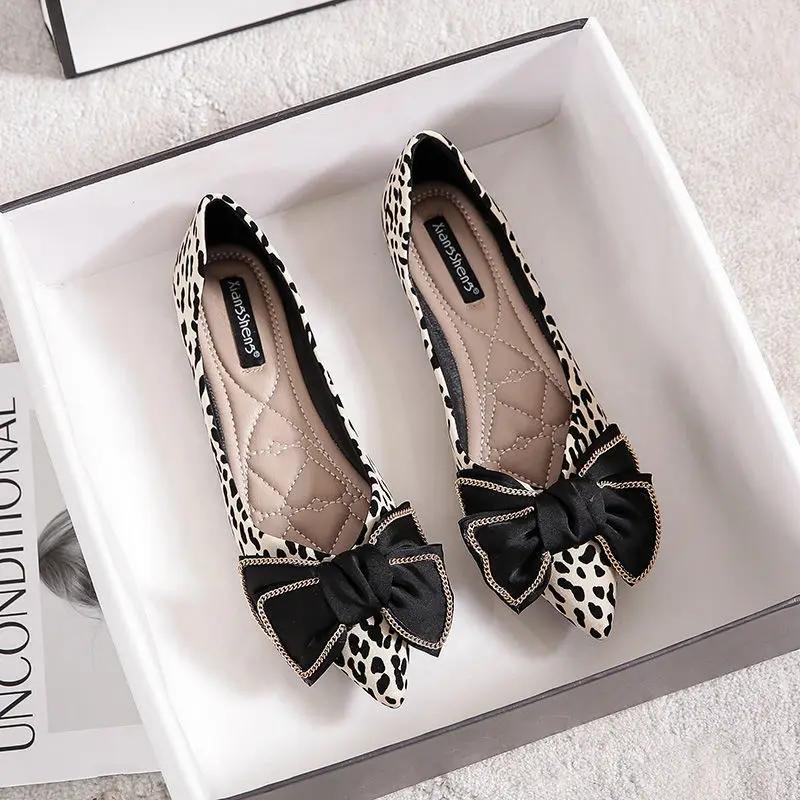 Shoes for Women with Bow Pointed Toe Low Heel Elegant Dress Non Slip Genuine Mark High Quality Fashion Vacation Woman Flats Shoe