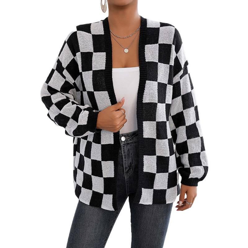 Damen Strickjacke Colorblock Schachbrettmuster Locker Lässiger Pullover Mantel