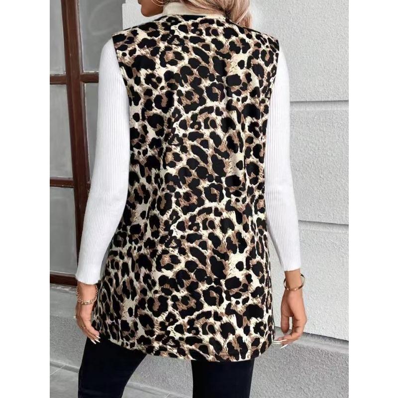Damen S Leo-Print V-Ausschnitt Pullover Mittellanger Mantel
