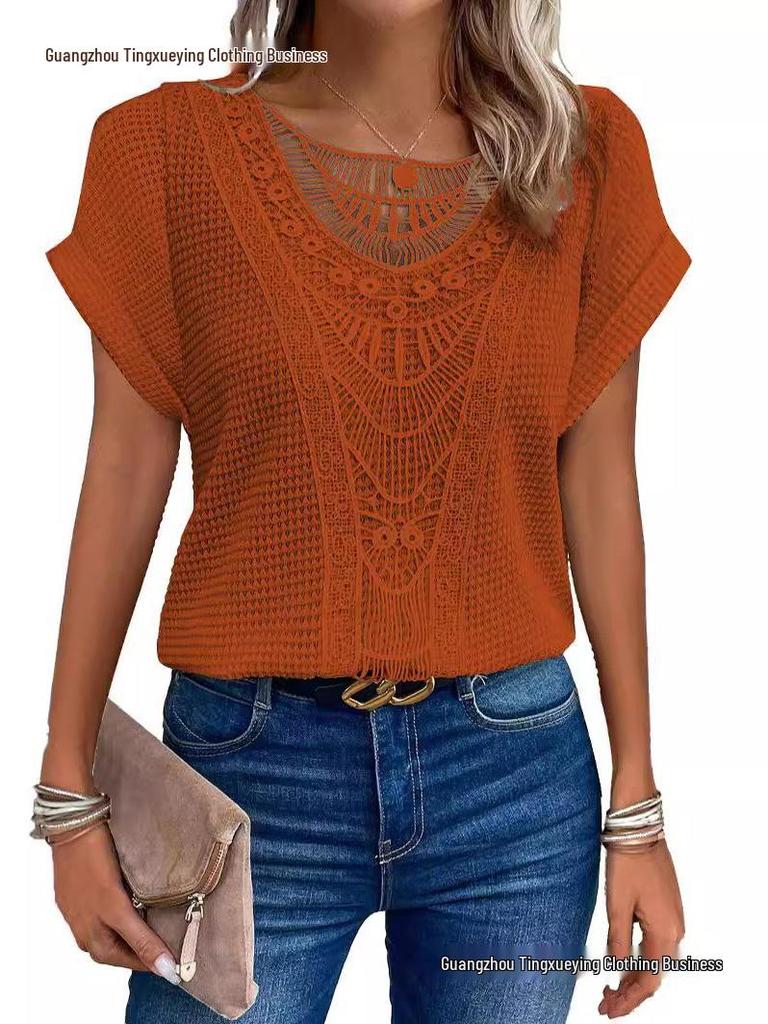 Women's Lace Patchwork Short Sleeve T-shirt for Spring/Summer