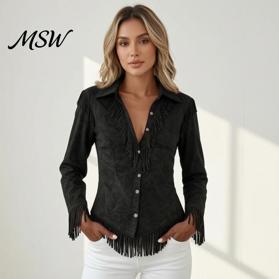 Western Cowgirl Outfit Women Tassel Shirt for Autumn, Button Down Slim Fit Fringe Elegant Date Night Shirts Blouse, Solid Color Casual Long