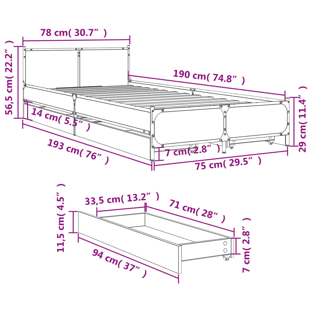 Bed Frame with Drawers Smoked Oak 75 x 190 cm Engineered Wood