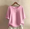 Dames O-hals Blouse met Driekwartmouwen Losse Pasvorm Casual Katoen Linnen Top Effen Kleur Knopen Henley Top