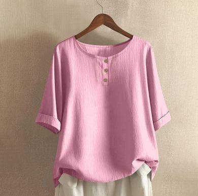 Dames O-hals Blouse met Driekwartmouwen Losse Pasvorm Casual Katoen Linnen Top Effen Kleur Knopen Henley Top
