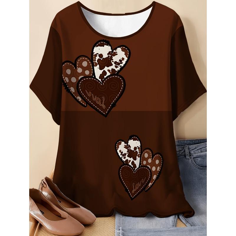 Vintage Sommer Damen T-Shirt Herzförmiger Aufdruck Locker Lässig Große Größen Kurzarm Rundhals T-Shirts 2026 Y2k Damenbekleidung