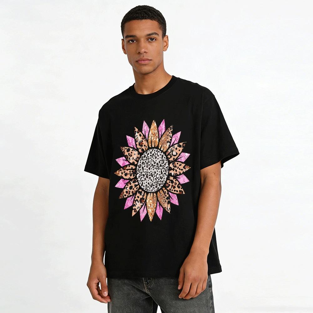 Leopardenmuster Glitzer Sonnenblume Grafik Lässiges T-Shirt Reines Baumwoll-T-Shirt