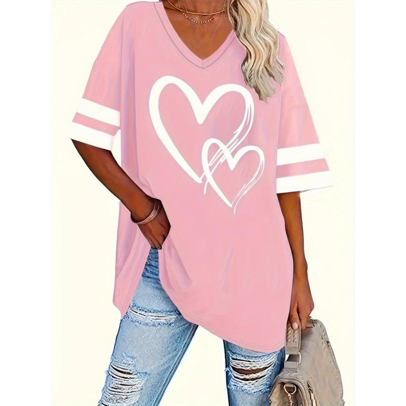 2025 Nadměrná velikost Tričko s potiskem srdce a pruhů Ležérní top s krátkým rukávem na jaro a léto Dámské oblečení nadměrné velikosti