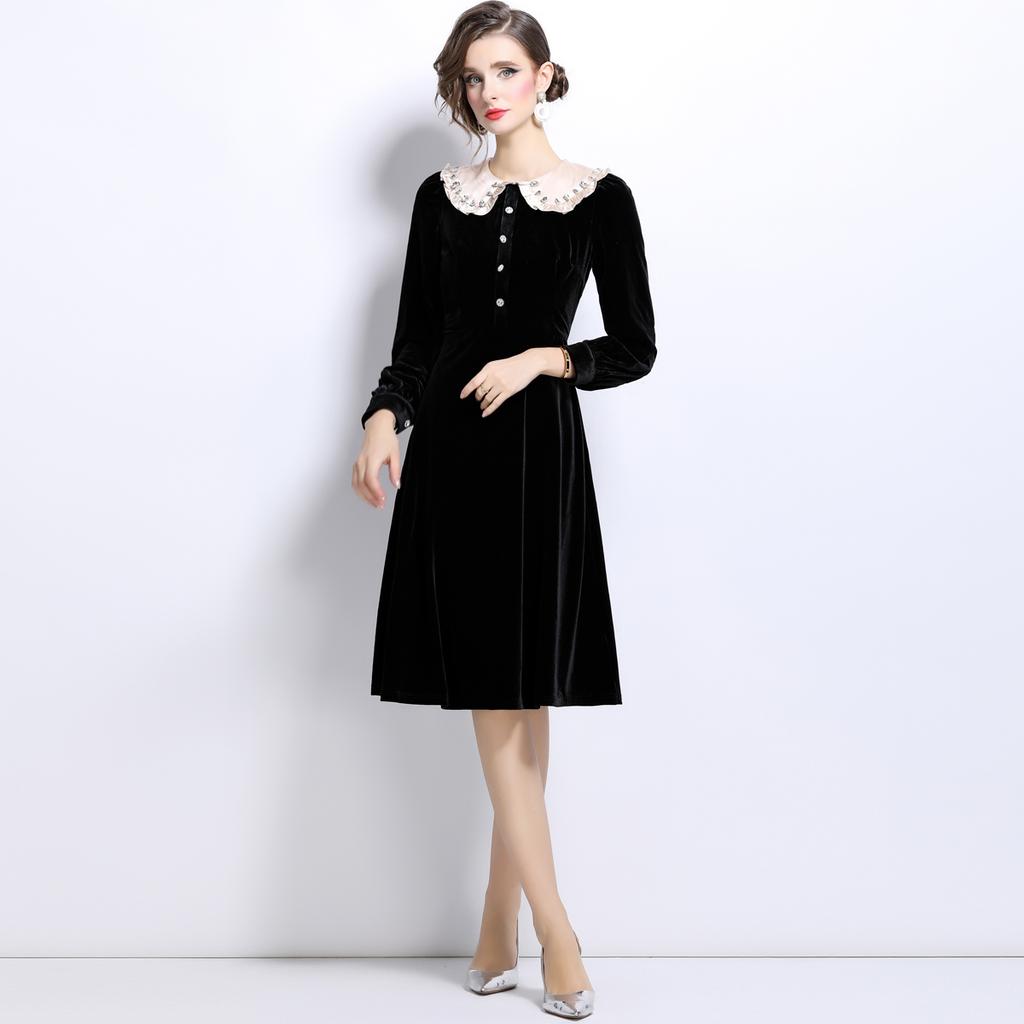 Autumn Winter Women Vintage Beading Peter Pan Collar Black Velvet Party  Dresses – buy the best products in the Ayzeze online store