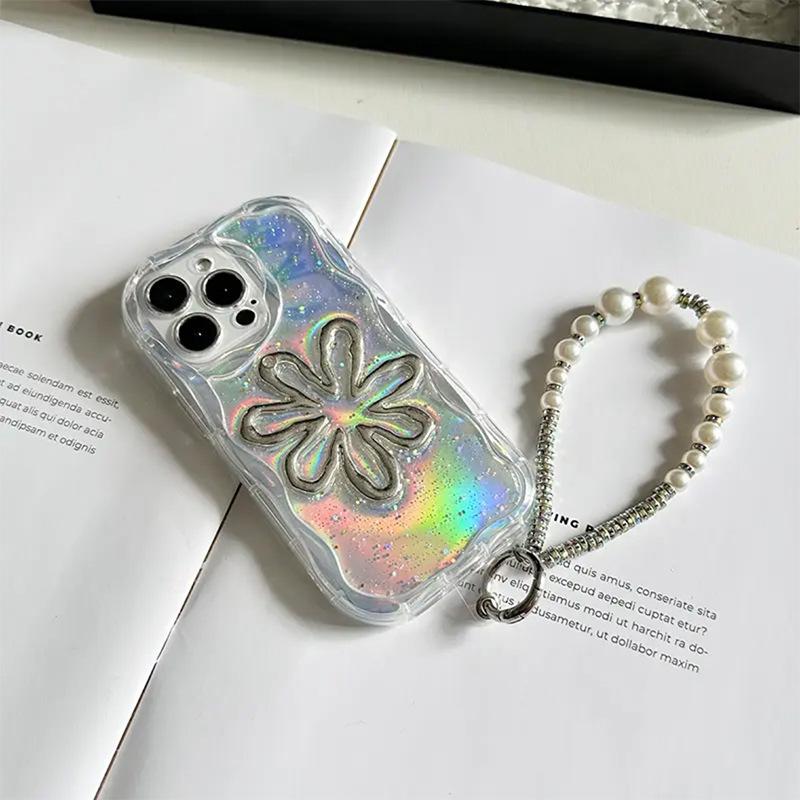 

Hollow Flower Glitter Glitter Phone Case for IPhone 17 Promax Laser Shooter Chain for Apple 16 Soft Case For iPhone 7/8/SE 2020
