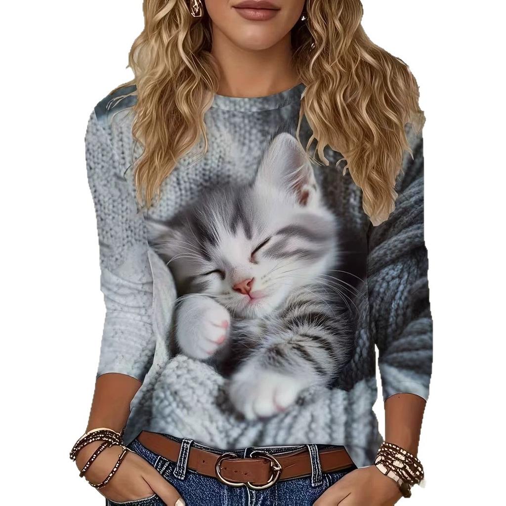 Mode Automnale Confortable Décontractée Polyvalente Ample pour Femmes T-shirts à Manches Longues Imprimés Multicolores à Col Rond