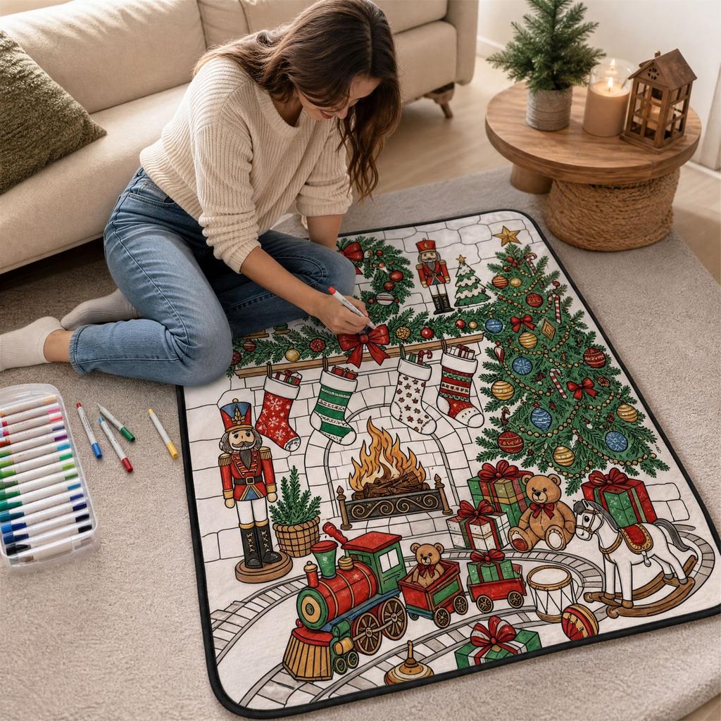 Christmas Coloring Blanket with Watercolor Pens - 100cm Soft Velvet Doodle Blanket for Creative Fun