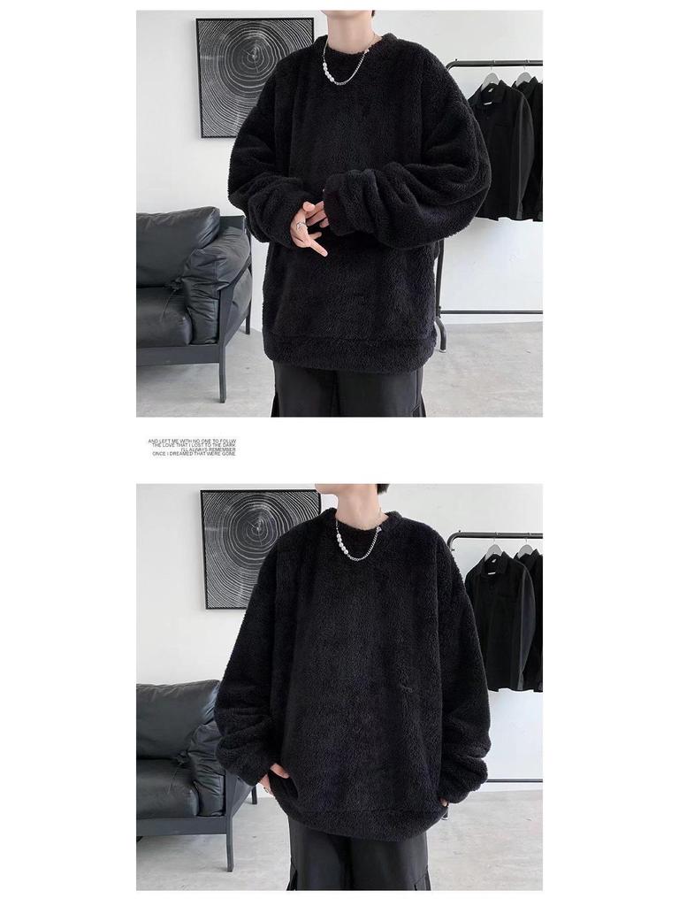 Hong Kong Style Men's Chic Lamb Wool Sweater: Trendy Loose Fit, Solid Color, Autumn/Winter, Plus Velvet Thick Jacket for Couples.