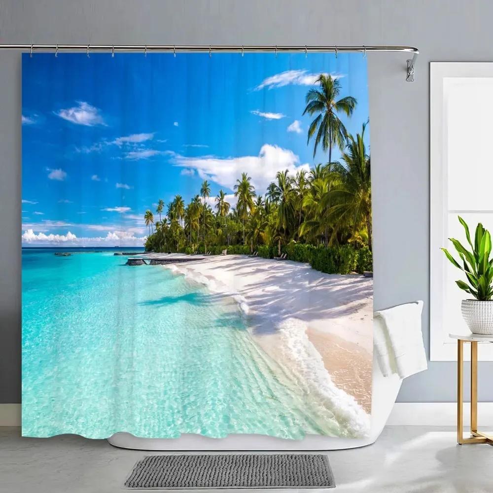 1PC Green Tropical Plants Shower Curtains for Bathroom Polyester Seaworld Shower Curtain Printing Curtain Beach Shower Curtains