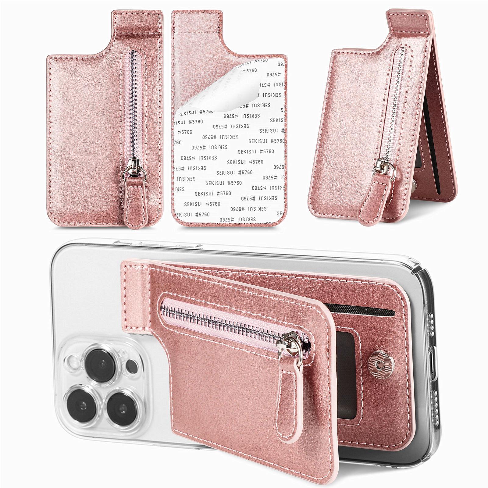 

KB-29 Retro Card Holder Leather Multifunctional Adhesive Phone Wallet Sleeve Kickstand with Zipper Rose Gold