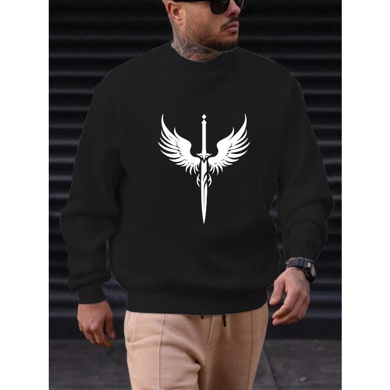Men'S Casual Round-Neck Sweatshirt with a Sword Wing Pattern 100% Cotton Printed Long-Sleeve Crew Neck Pullover