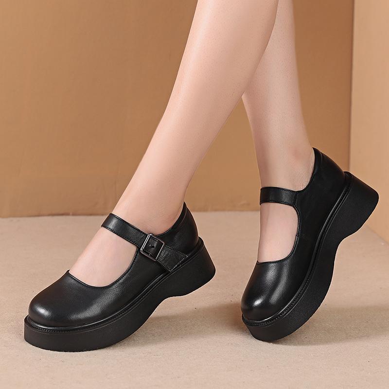 Fashion GKTINOO Women Shoes Flat Platform Cow Leather Mary Janes Round Toe Buckle Strap Ladies Daily Flat Shoes Handmade Large Size