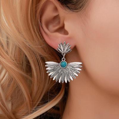 Ethnic Style Turquoise and Metal Leaf Fan Earrings