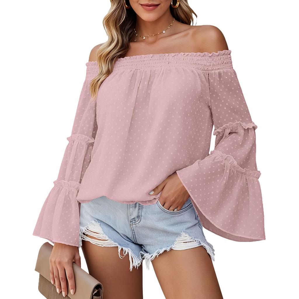 Women Off Shoulder Blouse Long Bell Sleeve Casual Loose Fit Lightweight Top with Smocked Neckline and Ruffle Detail