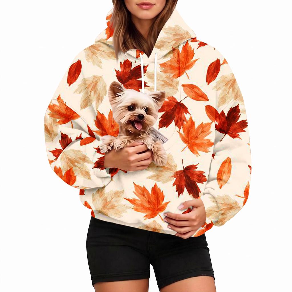 Women's Fashion Hooded Sweatshirt with Leaves Print and Pet Pocket for Casual Wear