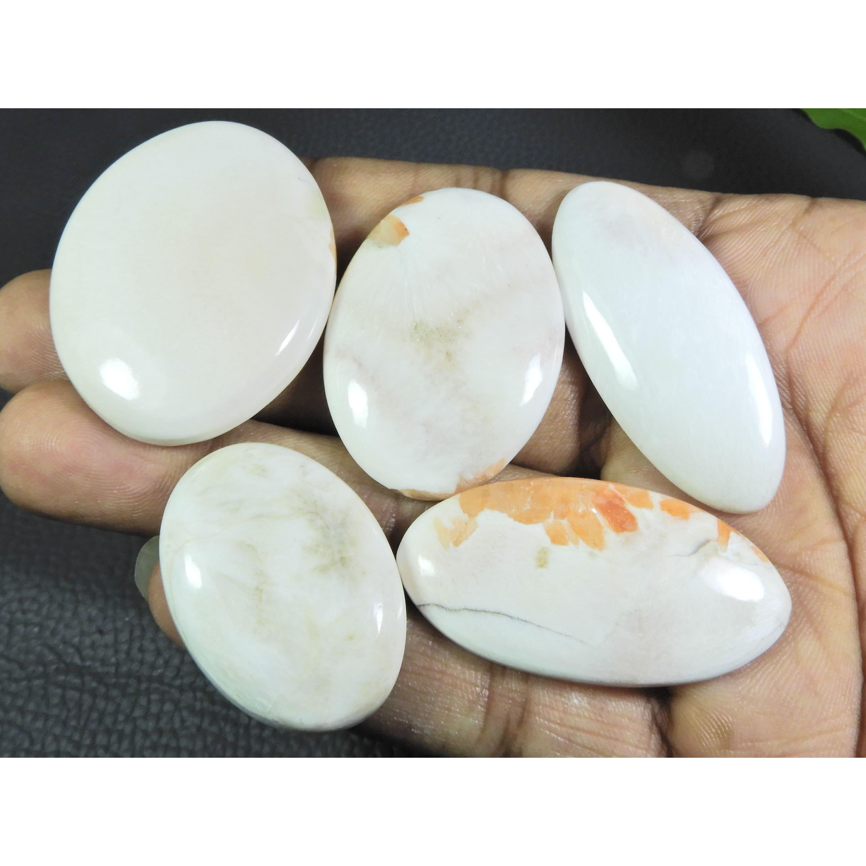 

252Cts. Natural White Scolecite Oval Cabochon Loose Gemstone 5 Pcs Lot A-282