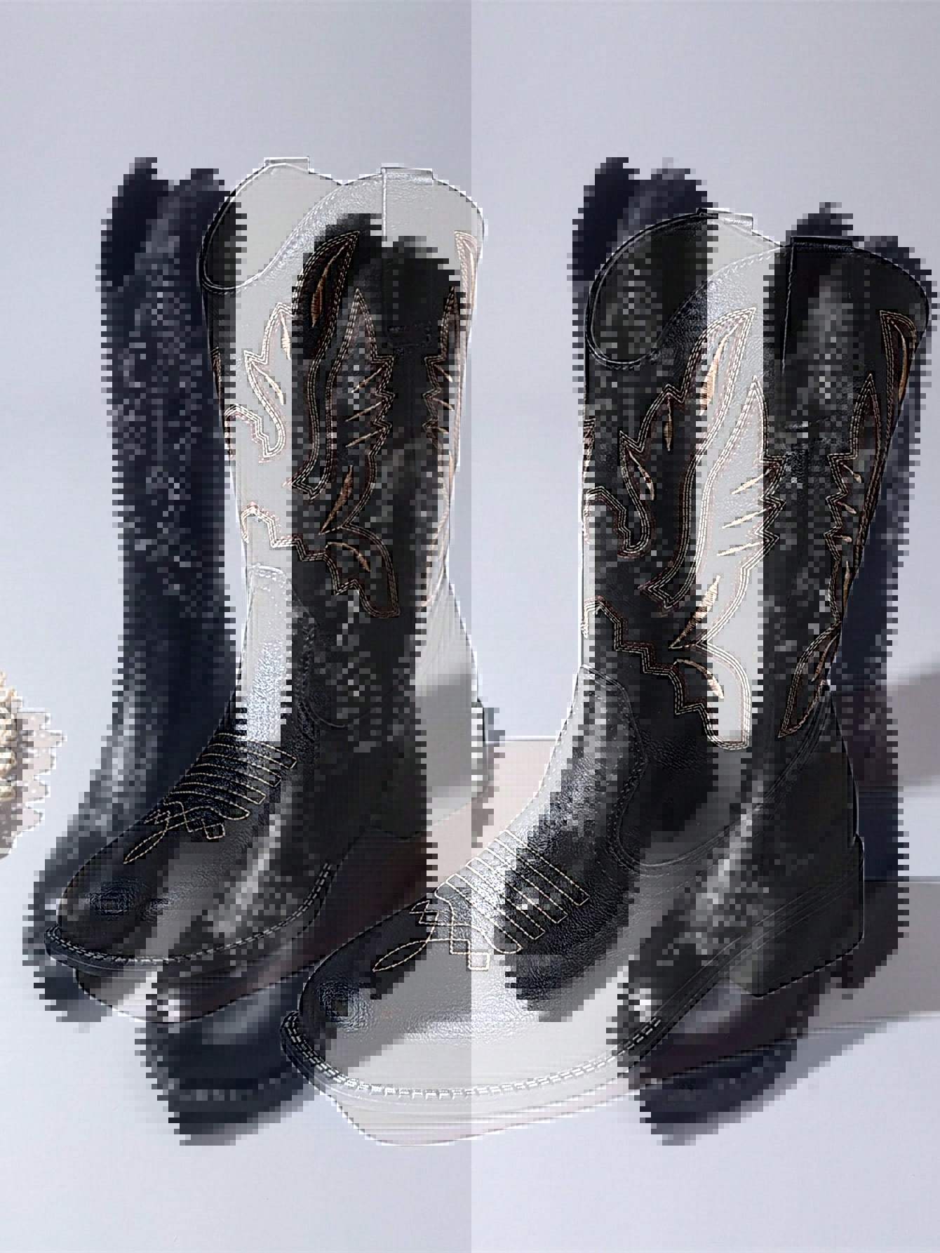 

Винтажные коричневые ковбойские сапоги в западном стиле женские осенние тонкие с V-образным вырезом вышивкой квадратным носком толстым каблуком средней высоты сапоги-рыцари длинные сапоги 42 чёрный