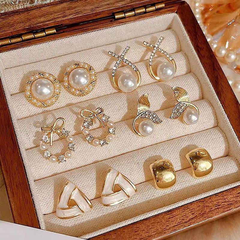 6/10/12 Pcs Simulated Pearl Round Square Stud Earrings Small French Elegant Daity Ear Studs for Women Daily Jewelry Sets F