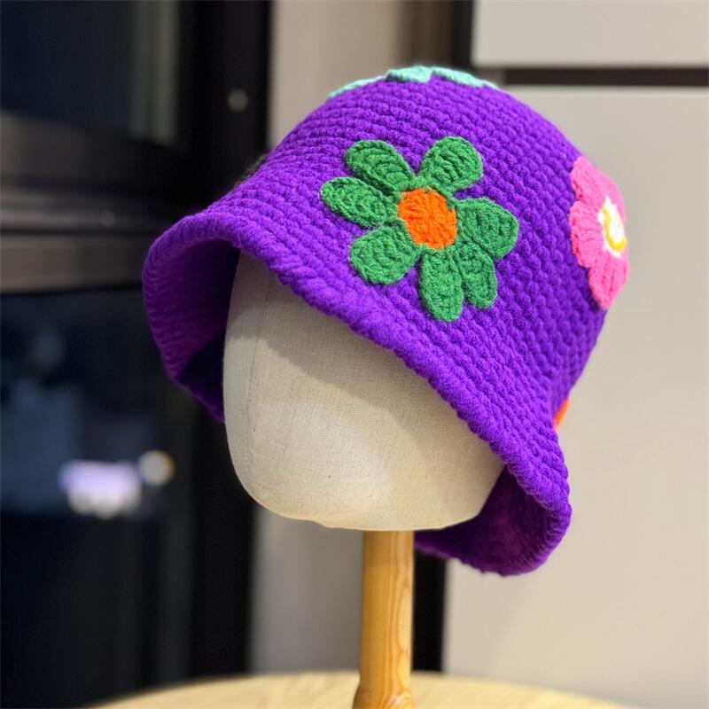 Dopamine Colored Flower Knitted Fisherman Hat Girls Autumn and Winter Sweet and Cute Versatile Face Small Thermal Basin Hat