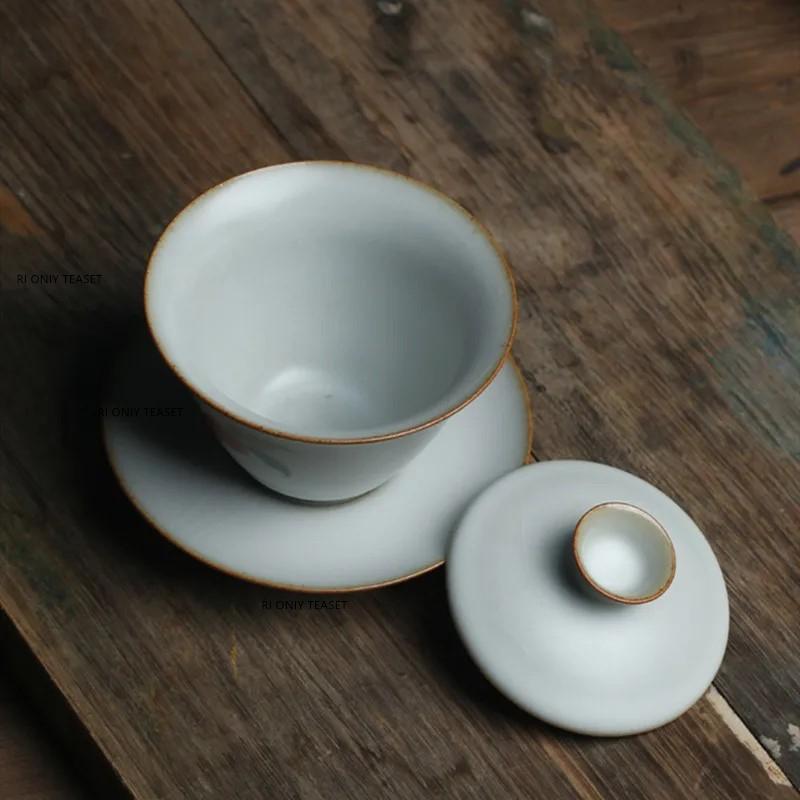 150ml Retro Ru Kiln Ceramic Tea Tureen Handmade Flower Pattern Gaiwan Household Teacup Travel Portable Tea Bowl Chinese Teaware