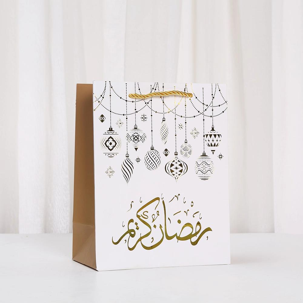12pcs Ramadan Kareem Paper Tote Bags Islamic Gift Bags with Gold Foil Lantern Crescent Designs for Gifts